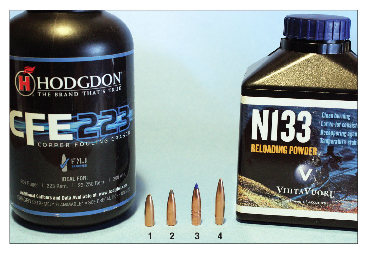 Lighter bullets performed best with Hodgdon CFE 223 and Vihtavuori N133. These bullets include the (1) Sierra 85-grain HP Varminter, (2) Hornady 100-grain Spire Point, (3) Barnes 100-grain TTSX and the (4) Sierra 107-grain HPBT MatchKing.